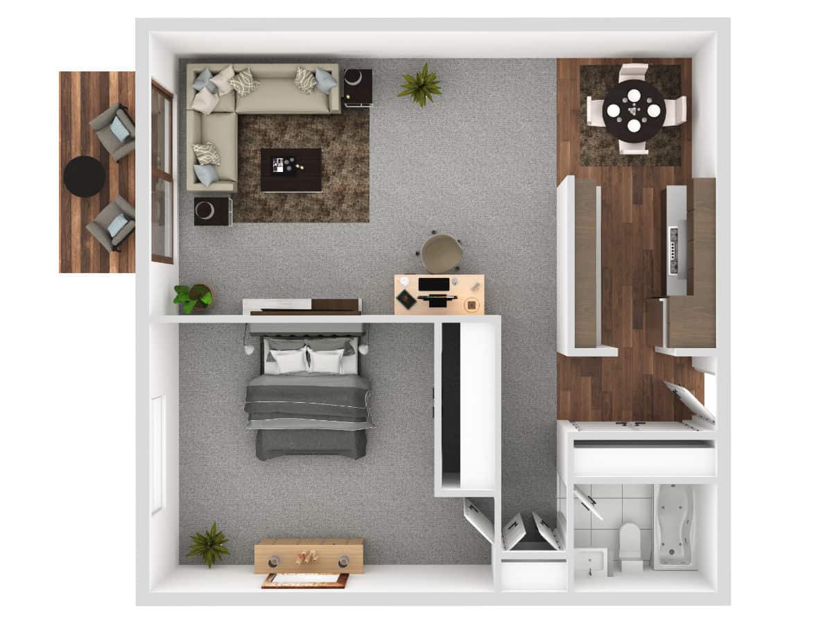3D floor plan of 1 bedroom apartment