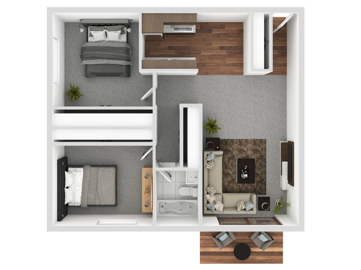 3D layout image of a 2 bedroom 1 bathroom apartment.